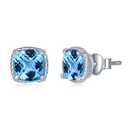 Sterling Silver 6mm Cushion Cut Blue Topaz Earrings ,