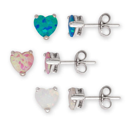 Sterling Silver 6mm White; Pink; and Blue Opal Set of 3 Heart Stud Earrings ,