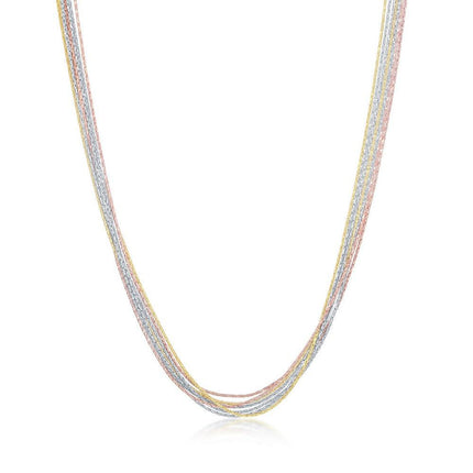 Sterling Silver 7 Strand Sparkling Necklace - Tri Color ,