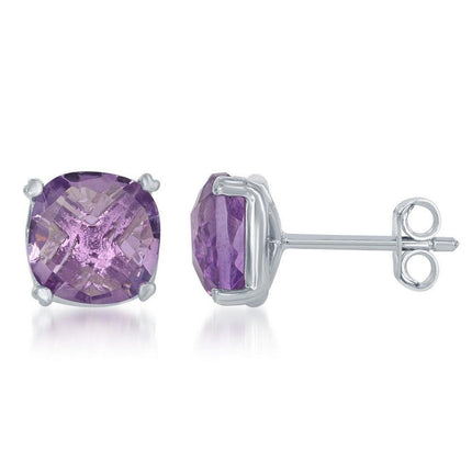 Sterling Silver 8mm Cushion-cut Amethyst Stud Earrings ,
