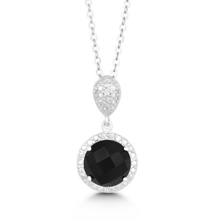Sterling Silver 9mm Black Onyx Diamond Pendant ,