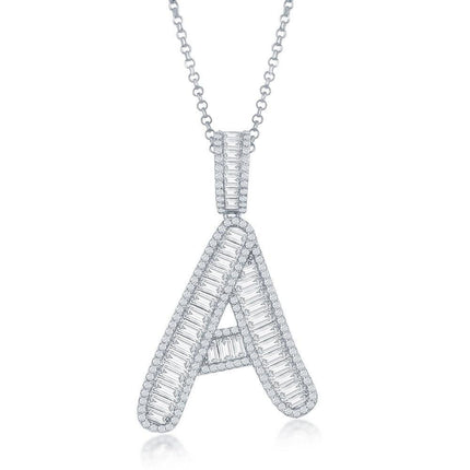 Sterling Silver A Initial Baguette CZ Pendant Chain ,