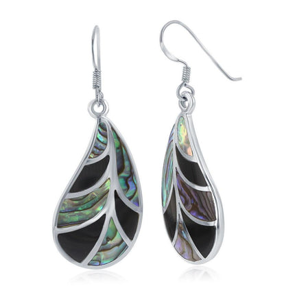 Sterling Silver Abalone and Onyx Leaf Earrings ,