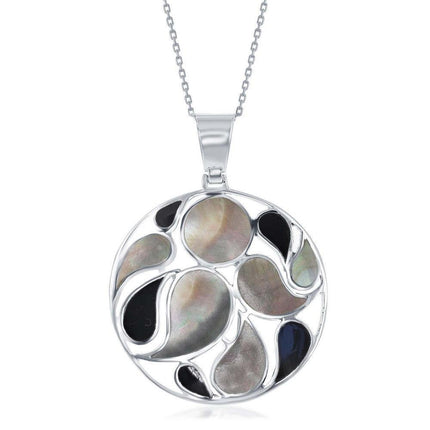 Sterling Silver Abalone and Onyx Round Pendant ,