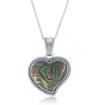Sterling Silver Abalone Heart Rope Design Border Pendant With Chain ,
