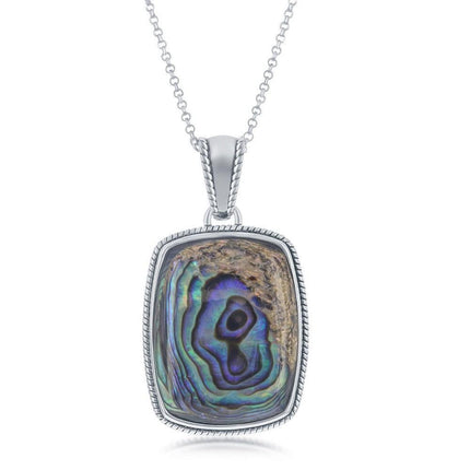 Sterling Silver Abalone Rope Design Border Rectangle Pendant With Chain ,