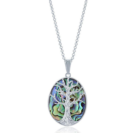 Sterling Silver Abalone Tree Pendant Oval Chain ,