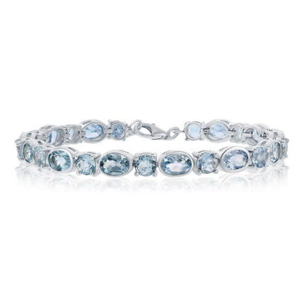 Sterling Silver Alternating 5mm Round & 7x5mm Oval 17.95cttw Blue Topaz Gem Bracelet ,