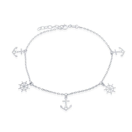 Sterling Silver Alternating Anchor and Ship Wheel Anklet ,
