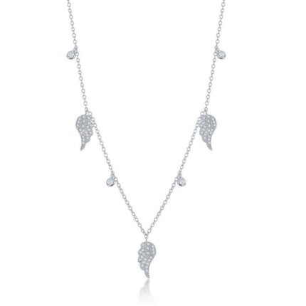 Sterling Silver Alternating Angel Wings and Bezel-Set CZ Necklace ,