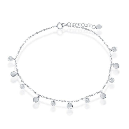 Sterling Silver Alternating Cubic Zirconia and Shiny Disc Anklet ,