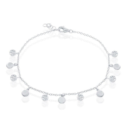 Sterling Silver Alternating Disc and CZ Bracelet ,