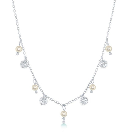 Sterling Silver Alternating Freshwater Pearl and CZ Necklace ,
