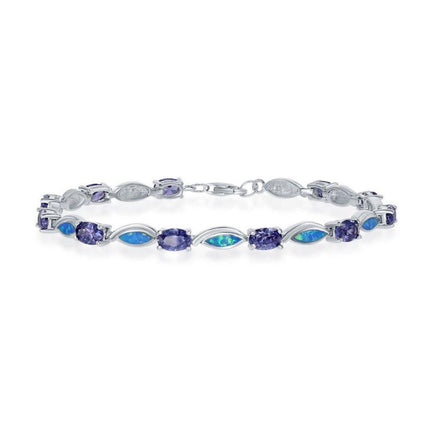 Sterling Silver Alternating Oval Tanzanite CZs and Blue Inlay Opal Marquise Shapes Bracelet ,