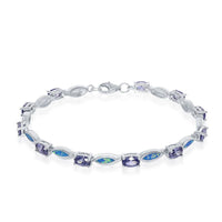 Sterling Silver Alternating Oval Tanzanite CZs and Blue Inlay Opal Marquise Shapes Bracelet ,