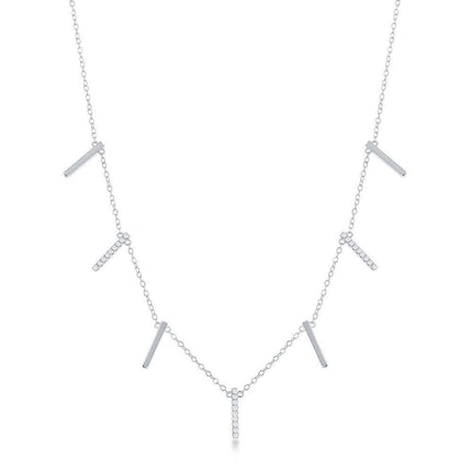 Sterling Silver Alternating Plain & CZ Vertical Bars Necklace ,