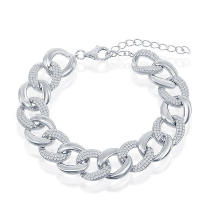 Sterling Silver Alternating Polished & Micro Pave CZ Solid Link Bracelet ,