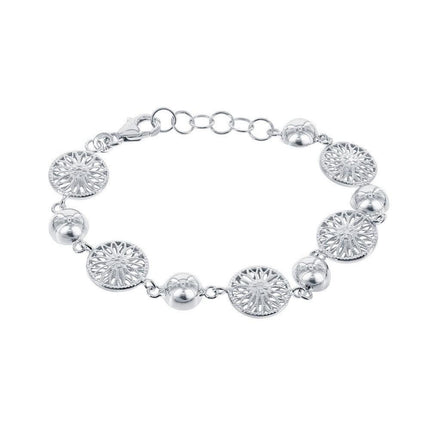 Sterling Silver Alternating Round Diamond Cut Flower and Semi Sphere Bracelet ,