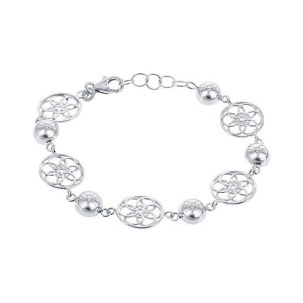 Sterling Silver Alternating Round Flower and Semi Sphere Bracelet ,
