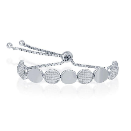 Sterling Silver Alternating Round Polished and Pave Adjustable Bolo Bracelet ,