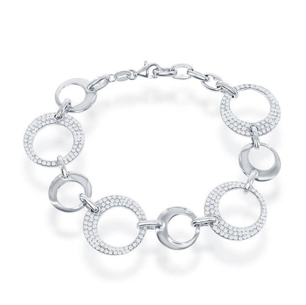 Sterling Silver Alternating Shiny and CZ Open Circle Bracelet ,
