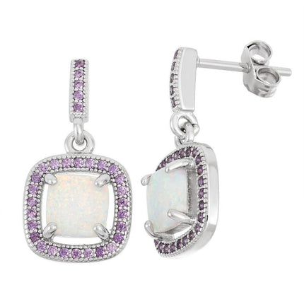 Sterling Silver Amethyst CZ Pave Square Earrings ,