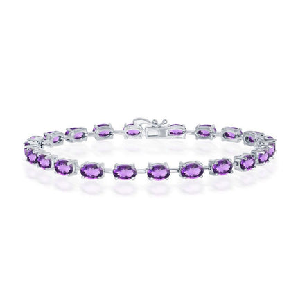 Sterling Silver Amethyst Oval Gemstone Link Tennis Bracelet ,