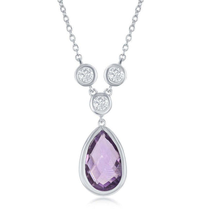 Sterling Silver Amethyst Teardrop with Three White Topaz Necklace ,