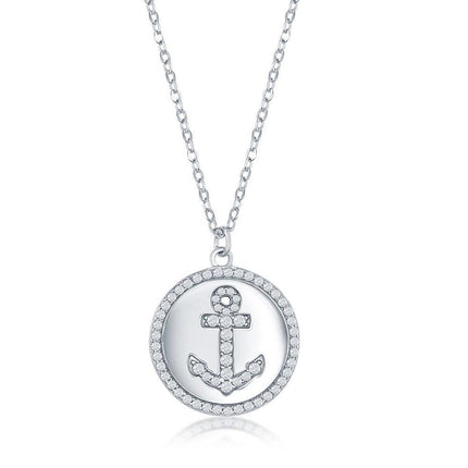 Sterling Silver Anchor Micro Pave Cubic Zirconia Disc Necklace ,