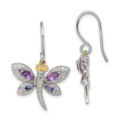 Sterling Silver & 14K Amethyst and Iolite and Diamond Dragonfly Earrings ,
