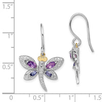 Sterling Silver & 14K Amethyst and Iolite and Diamond Dragonfly Earrings ,