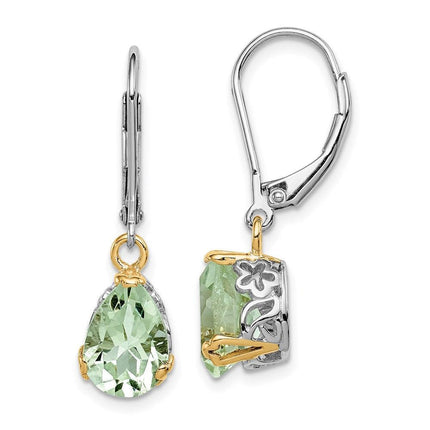 Sterling Silver & 14K Rhodium-plated Green Quartz Leverback Earrings ,