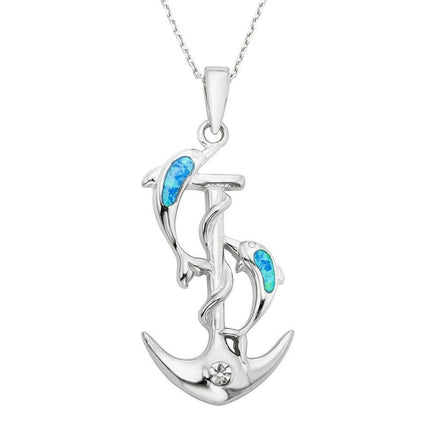 Sterling Silver and Blue Inlay Opal Dolphins and CZ Anchor Pendant ,