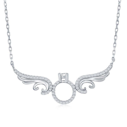 Sterling Silver Angel Wings with Center Engagement Ring Necklace ,
