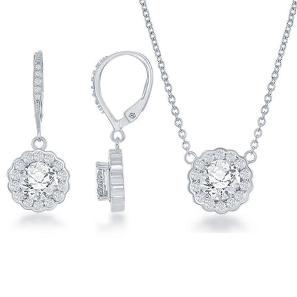 Sterling Silver April Birthstone With CZ Border Round Earrings and Necklace Set ,