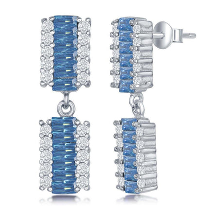 Sterling Silver Aquamarine Baguette CZ Earrings ,