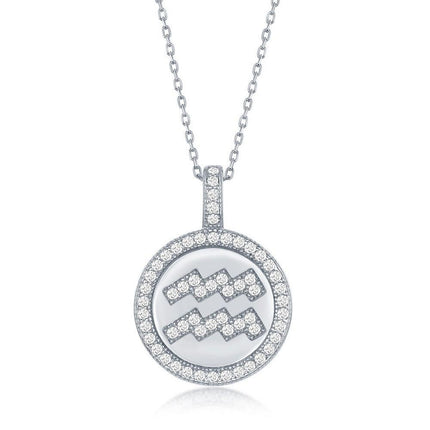 Sterling Silver Aquarius Zodiac Disc Pendant Chain ,