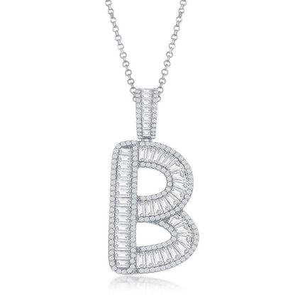 Sterling Silver B Initial Baguette CZ Pendant Chain ,