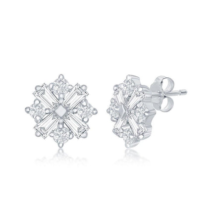 Sterling Silver Baguette and Round CZ Stud Earrings ,