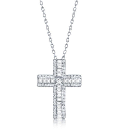 Sterling Silver Baguette Cubic Zirconia Cross Necklace ,