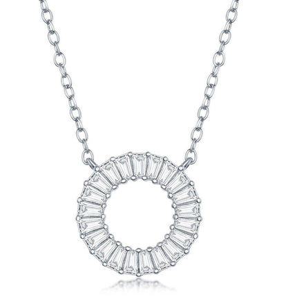 Sterling Silver Baguette Cubic Zirconia Open Circle Necklace ,