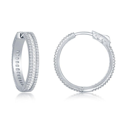 Sterling Silver Baguette CZ 25mm Hoop Earrings ,