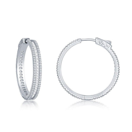 Sterling Silver Baguette CZ 30mm Hoop Earrings ,