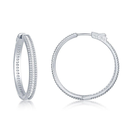 Sterling Silver Baguette CZ 35mm Hoop Earrings ,
