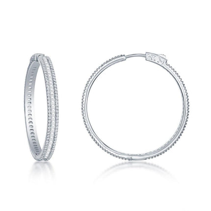 Sterling Silver Baguette CZ 40mm Hoop Earrings ,