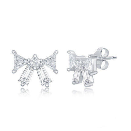 Sterling Silver Baguette CZ Bow Stud Earrings ,