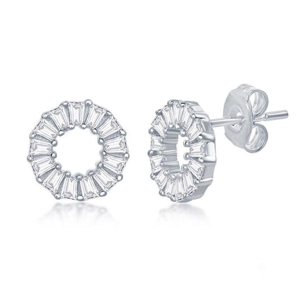 Sterling Silver Baguette CZ Circle Stud Earrings ,