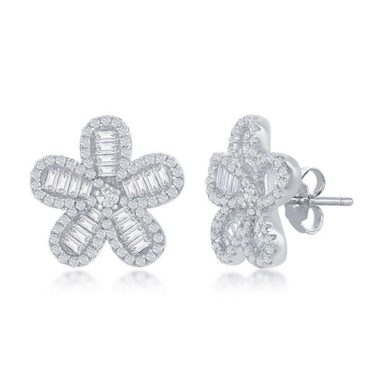 Sterling Silver Baguette CZ Flower Stud Earrings ,