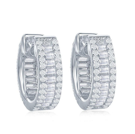 Sterling Silver Baguette CZ Small Hoop Earrings ,