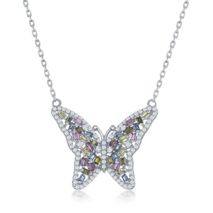 Sterling Silver Baguette Pink; Blue & Golden CZ Butterfly Necklace ,